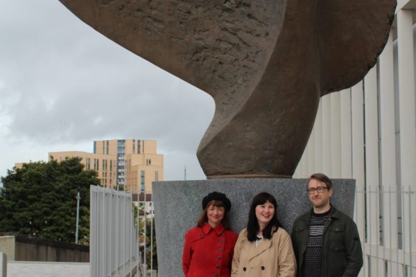 Photo of the SPG founders photographed in Glasgow with the sculpture Spirit of St Kentigern by Neil Livingstone